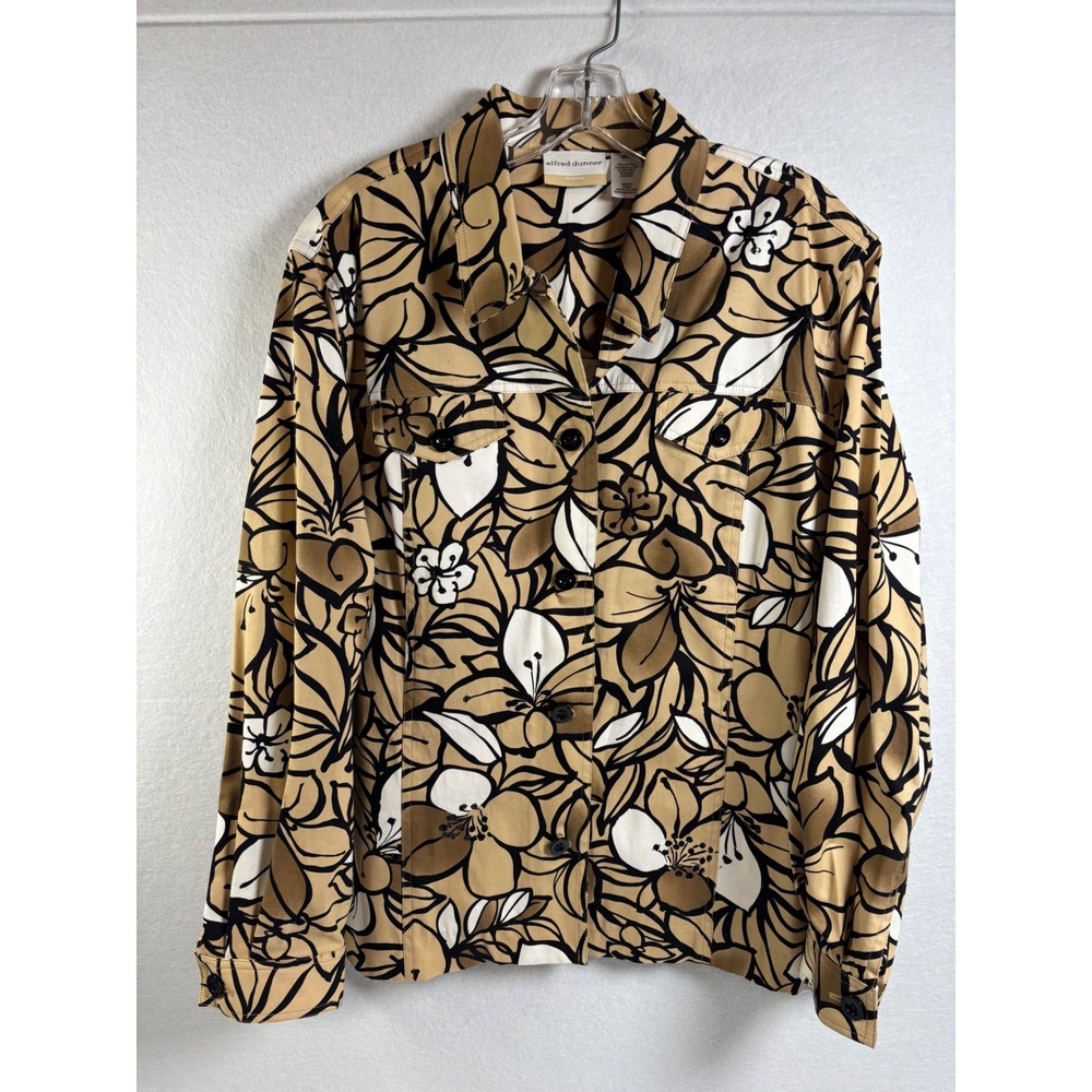 Alfred Dunner Jacket Womens 20W Tan Floral Cotton Button Front Classic Chic